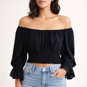 Whistles Black Cropped Shirred Waist Top | Off / On-Shoulder | Fits M/L